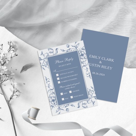 Floral Dusty Blue Elegante Wedding RSVP Karte