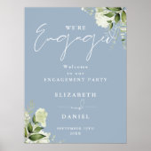 Floral Dusty Blue Engagement Party Begrüßungsunter Poster (Vorne)