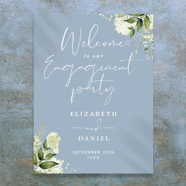 Floral Dusty Blue Engagement Party Begrüßungsunter Poster
