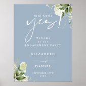 Floral Dusty Blue Engagement Party Begrüßungsunter Poster (Vorne)