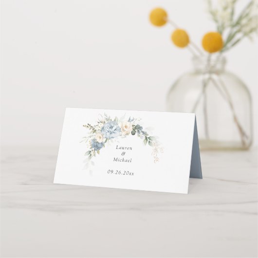 Floral Dusty Blue Greenery Elegant Wedding Platzkarte (Rückseite)