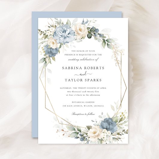 Floral Dusty Blue Greenery Gold Wedding Einladung