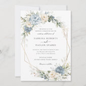 Floral Dusty Blue Greenery Gold Wedding Einladung (Vorderseite)