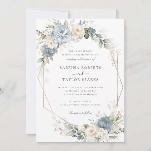 Floral Dusty Blue Greenery Gold Wedding Einladung (Vorderseite)