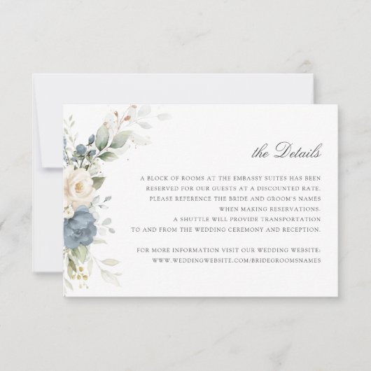 Floral Dusty Blue Greenery Wedding Details Insert Einladung (Vorderseite)