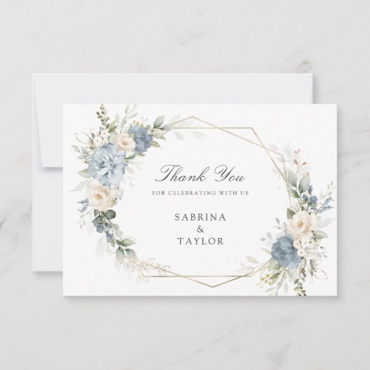 Floral Dusty Blue Greenery Wedding Thank You Card Dankeskarte (Vorderseite)