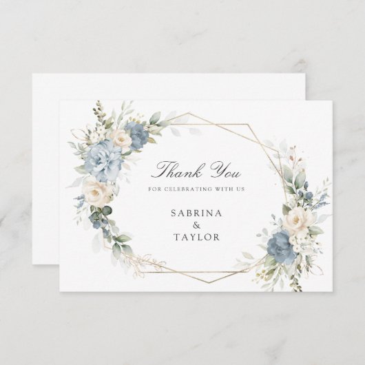 Floral Dusty Blue Greenery Wedding Thank You Card Dankeskarte (Vorne/Hinten)