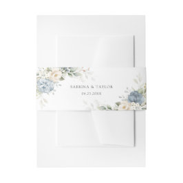 Floral Dusty Blue Greenery White Elegant Wedding Einladungsbanderole