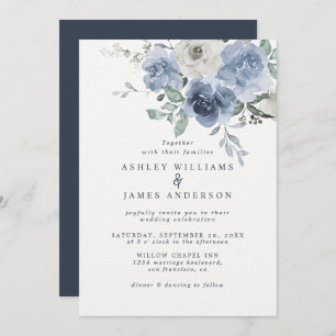 Floral Dusty Blue Ivory Rose Dark Blue Wedding Einladung