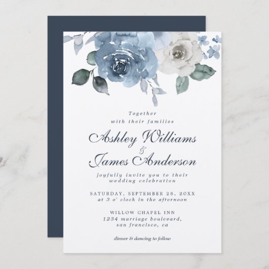 Floral Dusty Blue Ivory Rose Dark Blue Wedding Einladung (Vorne/Hinten)