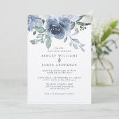 Floral Dusty Blue Ivory Rose Dark Blue Wedding Einladung (Stehend Vorderseite)