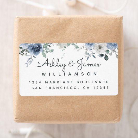 Floral Dusty Blue Ivory Rose Script Rücksendeadres (Insitu)