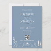 Floral Dusty Blue Monogram Border QR Foto Wedding Einladung (Vorderseite)