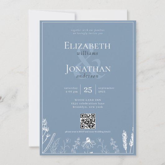 Floral Dusty Blue Monogram Border QR Foto Wedding Einladung (Vorderseite)