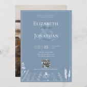 Floral Dusty Blue Monogram Border QR Foto Wedding Einladung (Vorne/Hinten)