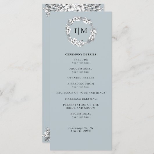 Floral Dusty Blue Monogram Wedding Program Programm (Vorne/Hinten)