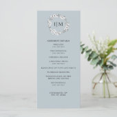 Floral Dusty Blue Monogram Wedding Program Programm (Stehend Vorderseite)