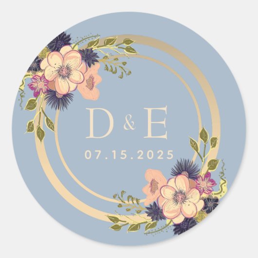 Floral Dusty Blue Monogram Wedding Runder Aufkleber (Vorderseite)