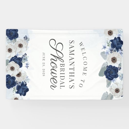 Floral Dusty Blue Navy Botanisches Brautparty Banner (Horizontal)