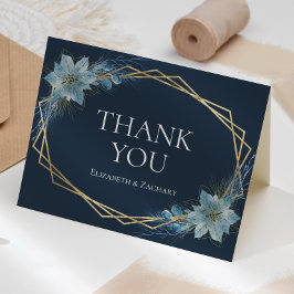 Floral Dusty Blue Navy Gold Winter Wedding Dankeskarte