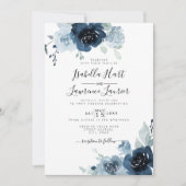 Floral Dusty Blue Pastel Navy Slate Wedding Einladung (Vorderseite)