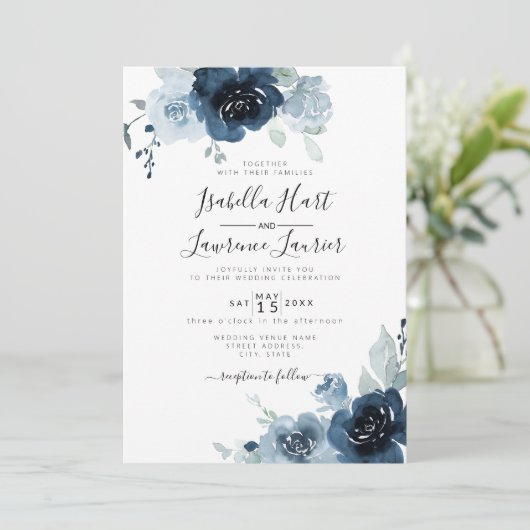 Floral Dusty Blue Pastel Navy Slate Wedding Einladung (Stehend Vorderseite)