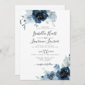 Floral Dusty Blue Pastel Navy Slate Wedding Einladung (Vorne/Hinten)