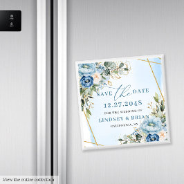 Floral Dusty Blue Peonies Gold Glitzer Date Magnet