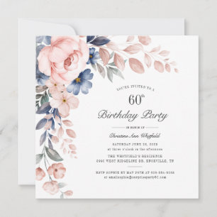 Floral Dusty Blue Pink 60. Geburtstagsparty Einladung