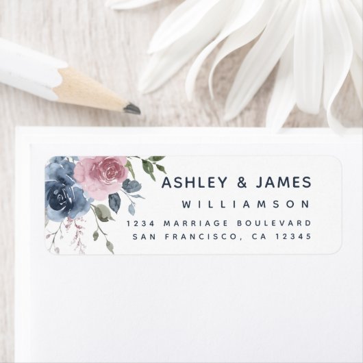Floral Dusty Blue Pink Rose Script Rücksendeadress (Insitu)