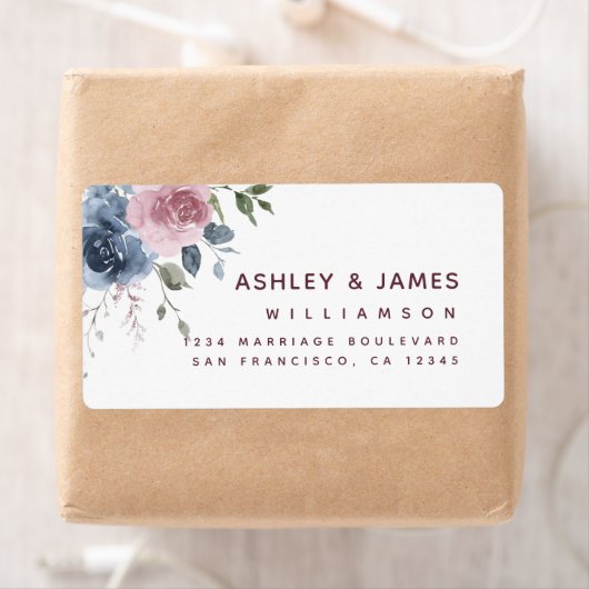 Floral Dusty Blue Pink Rose Script Rücksendeadress (Insitu)