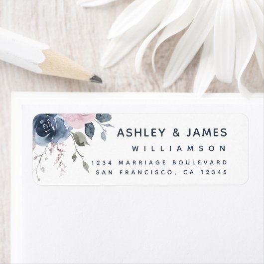 Floral Dusty Blue Pink Rose Script Rücksendeadress (Insitu)