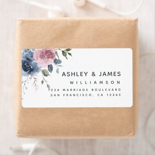 Floral Dusty Blue Pink Rose Script Rücksendeadress (Insitu)