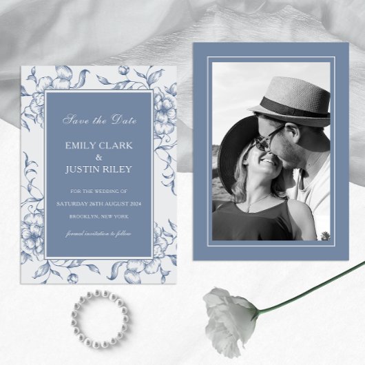 Floral Dusty Blue Save the Date Foto Hochzeit Einladung