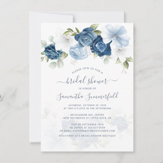 Floral Dusty Blue Script Foliage Brautparty Einladung (Vorderseite)