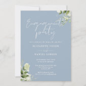 Floral Dusty Blue Script Foto Engagement Party Einladung (Vorderseite)