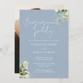Floral Dusty Blue Script Foto Engagement Party Einladung