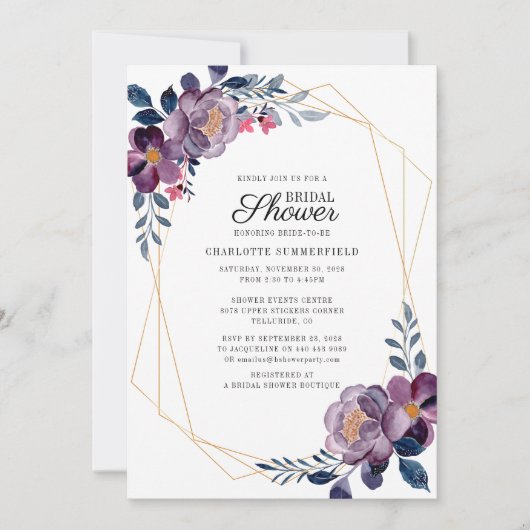 Floral Dusty Blue Script Geometric Brautparty Einladung (Vorderseite)