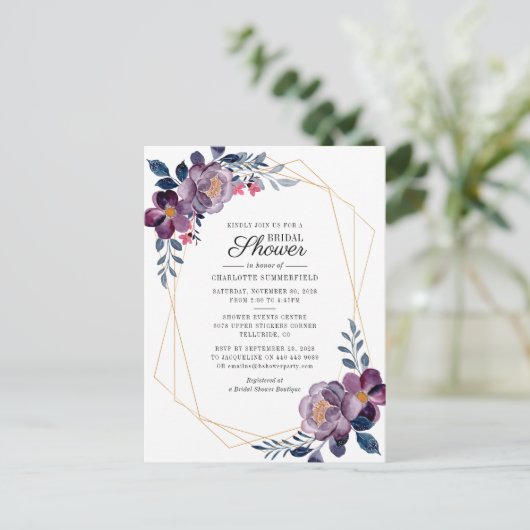 Floral Dusty Blue Script Geometric Brautparty Einladungspostkarte (Stehend Vorderseite)