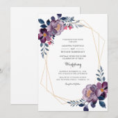 Floral Dusty Blue Script Geometric Wedding Einladung (Vorne/Hinten)
