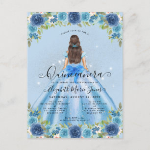 Floral Dusty Blue Silver Glam Princess Quinceanera Postkarte