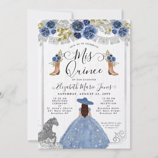 Floral Dusty Blue Silver Horse Charra Quinceanera Einladung (Vorderseite)