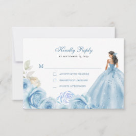 Floral Dusty Blue & Silver Princess Quinceañera RSVP Karte