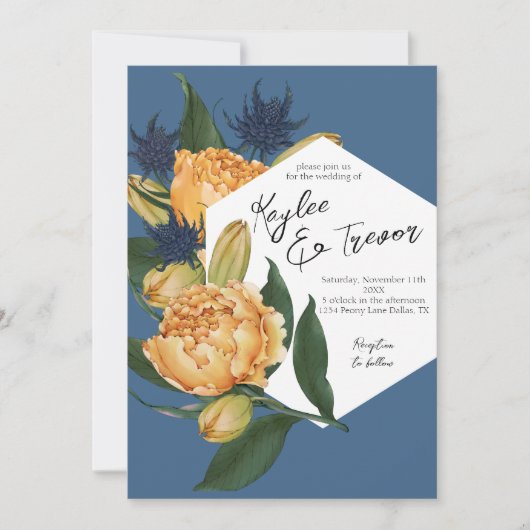 Floral Dusty Blue und Orange Wedding Einladung (Vorderseite)