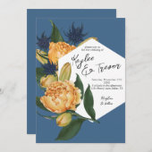 Floral Dusty Blue und Orange Wedding Einladung (Vorne/Hinten)
