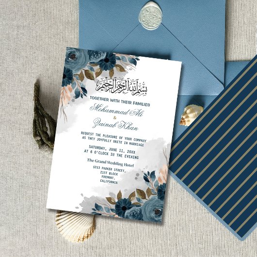 Floral Dusty Blue Walima Islamische Hochzeit Einladung