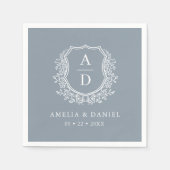 Floral Dusty Blue Wappen Wedding Monogram Serviette (Vorderseite)