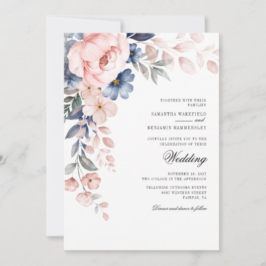 Floral Dusty Blue Watercolor Bloom Wedding Einladung (Vorderseite)