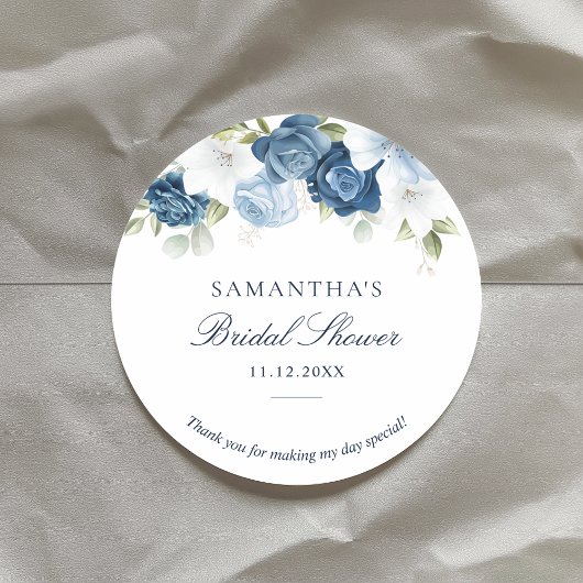 Floral Dusty Blue Watercolor Script-Brautparty Runder Aufkleber