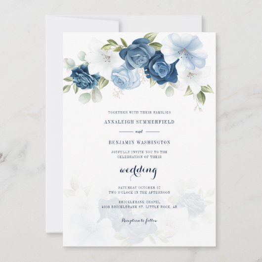 Floral Dusty Blue Wedding Einladung (Vorderseite)